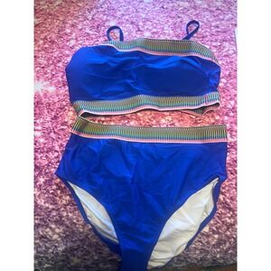 Blue High Waist Bikini Set Color Block‎ Swimsuit Womens Size L